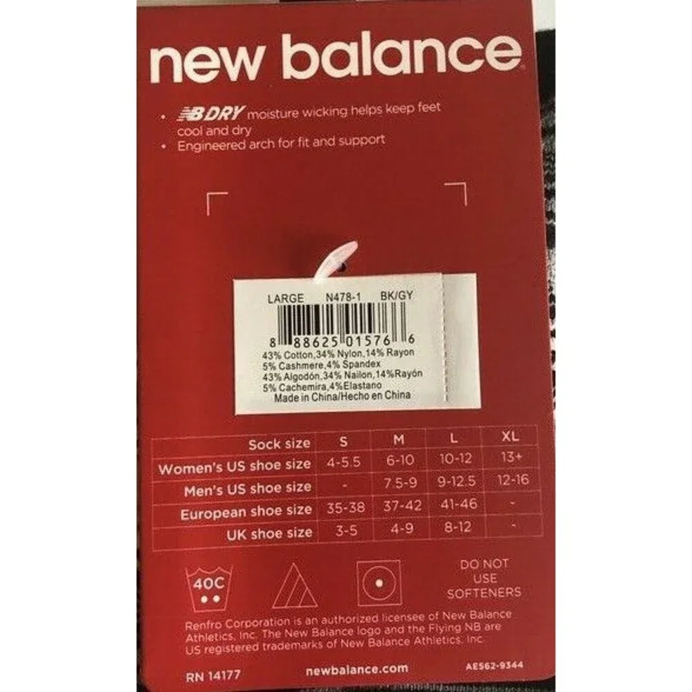 New Balance Lifestyle Cashmere Blend Mens Socks Size L 9-12.5 Black Red